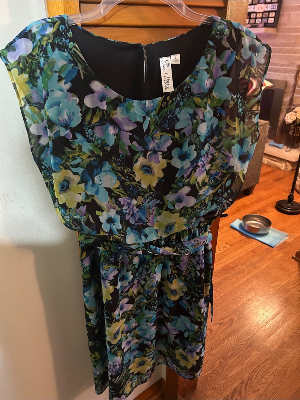Emma & Michele Black Floral Mini Dress with Blue, Green & Yellow Flowers size L